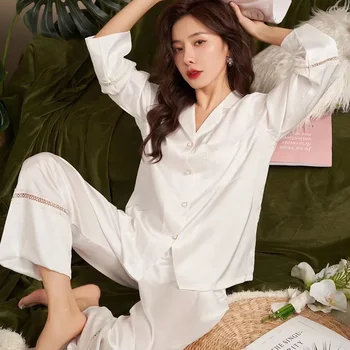 Pizsama női egyszínű hálóruha női háziruha Könnyű luxus csipke varrás pizsama nadrág szett szimulált selyem pizsama