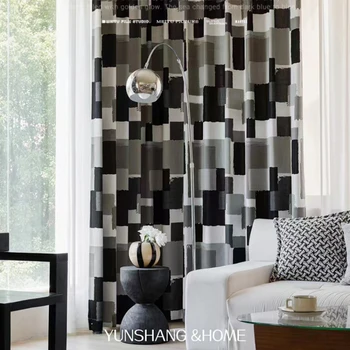 Amerikai Francia Retro luxusfüggönyök nappaliba Hálószoba étkezőablak Egyedi tüll sötétítő Fekete fehér Négyzet geometria