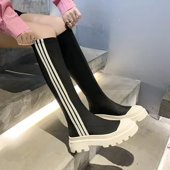 Női téli új szögletes sarkú térdig érő zoknicsizma Csúszik a kerek orrú csizmára nőknek Hölgyeknek Kényelmes alkalmi platform cipő