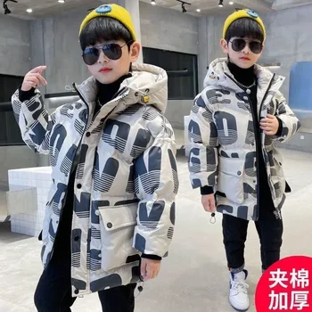Téli gyerekek meleg felsőruházat fiú levél nyomtatás Parka kabát Tizenéves divat Vastagíts kapucnis kabátok Gyerekek kültéri hóruha