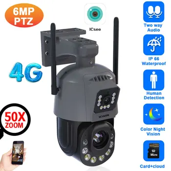 ICSEE 4G Sim kártya PTZ IP kamera kettős len 50X zoom Kültéri emberi észlelés Vezeték nélküli CCTV biztonsági megfigyelő kamera 2 irányú audio