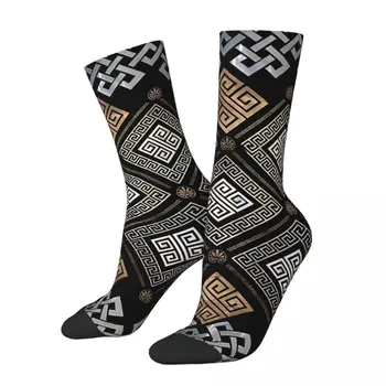 Férfi zokni Kulcs dísz Fekete és arany Vintage Harajuku Görög Meander Street Style Alkalmi minta Legénység Őrült zokni ajándék nyomott