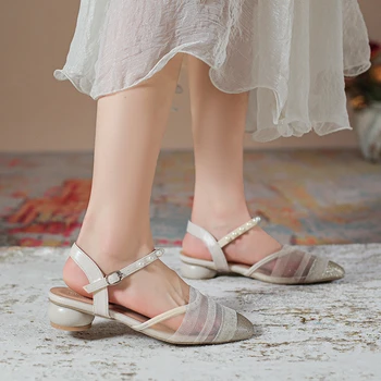 BCEBYL New Round Toe Pearl Decoration Fashion Sandals Summer Mesh Breathable Elegant Casual Low-sarkú női cipő