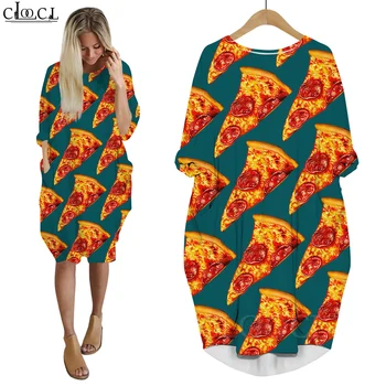 CLOOCL 3D nyomtatási ruhák Finom pizza minta Laza alkalmi könnyű és hordozható hosszú ujjú zsebruhák utcai ruházat