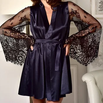 Fekete Új hálóruha selyem szexi fehérnemű Kimonó csipke női ruha 2020 köntös női fürdőköpeny laza éjszakai intim