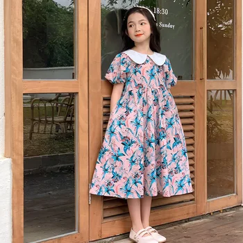 Lányok virágos ruha 2024 nyár Új gyermekruházat Főiskolai stílusú gyerek hajtóka puffos ujjú hercegnő ruha, #7319