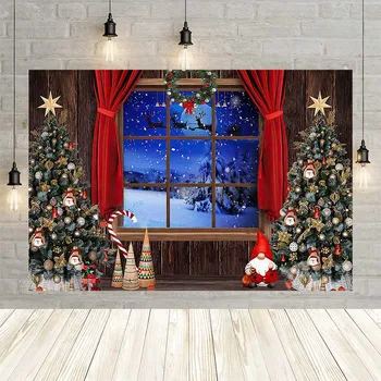 Avezano karácsonyi fotózás háttere téli ablak fenyőfa piros függöny Mikulás rénszarvas hold baba portré fotó háttér