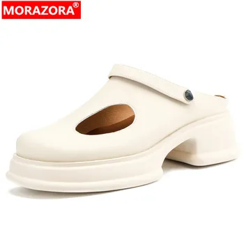 MORAZORA 2023 Új csúszás a valódi bőr platformon Női szandálok Square Med sarkú cipők Nyári szandálok Tömör női alkalmi cipők