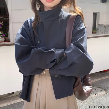 Korea Rövid felsőruházat Nő Alkalmi Laza Lusta Elegáns Hosszú ujjú pamut keverékek Széldzseki kabátok Vékony Sörte