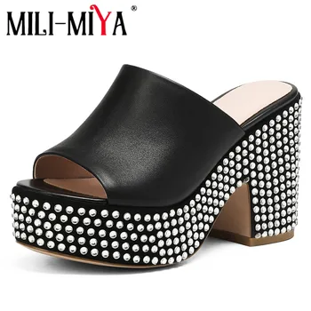 MILI-MIYA Classic Platform női tehénbőr szandál Super High kristály vastag sarkú cipő Slip On Slip On Dress Party Nyári cipő