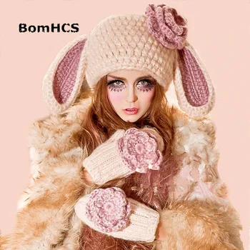 BomHCS sapka kesztyű szép nők lány nyúl fülek kalap nagy virágokkal téli meleg kötött kézzel készített sapkák