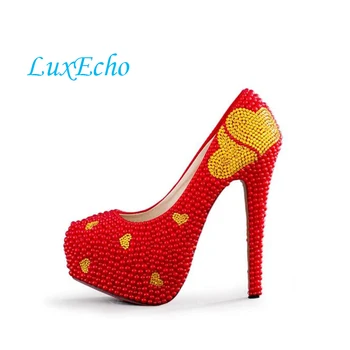 Piros gyöngy arany szív esküvői cipő női sarok platform cipő nagy méret 34-43 női Pumps divat Női cipők