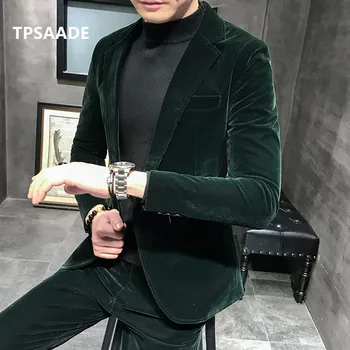 Férfi zöld bársony kabát nadrág öltöny Legújabb divat vőlegény Slim Fit ruha bankett vőlegény dohányzó Custom Tuxedo 2 részes