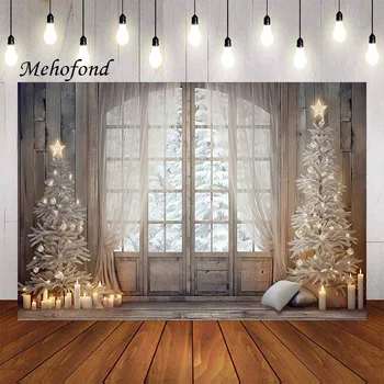 Mehofond Photography Háttér Karácsonyi ablak függöny Téli hó Karácsonyfa Gyerekek Családi portré Dekor Háttér Fotóstúdió