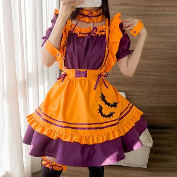 Halloween Cosplay denevér nyomtatott fodros puffadt ruha Lolita szobalány ruha női Halloween tök szerepjáték őszi rövid ujjú ruhák