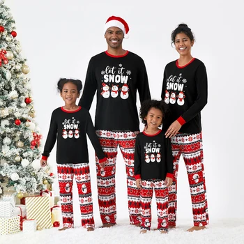 PatPat karácsonyi levél és hóember mintás családi pizsama szettek (lángálló)