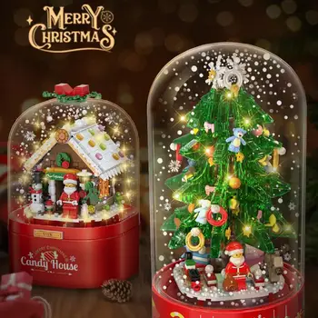 Karácsonyi díszek 2024 Karácsonyi zenedoboz építőkockák Gyerekjátékok forgatása Világítás Candy House Újévi Mikulás ajándék