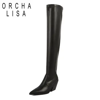 ORCHA LISA márka Női Stretch on Knee Boots Pigskin Hegyes orrú Chunky Sarkú cipő 8cm Cipzár Szexi Női Party Booties Nagy méret 40