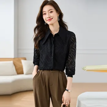 Női hosszú ujjú fekete alkalmi ing Új érkezés 2024 tavaszi koreai stílusú lehajtható gallér OL Lady elegáns felsők ingek W1526