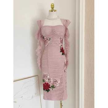 Elegáns rózsaszín háló szexi rakott tokos partiruha divat luxus design női hímzés virág party ruhák 2023 ősz Új