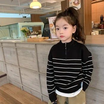 Gyerekruházat Gyerek pulóver Fiúk és lányok Koreai stílusú alkalmi fél cipzáras csíkos pulóver Puha kényelmes pulóver gyerekek