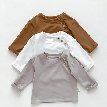 Koreai stílusú tavaszi őszi gyermek ruhák újszülött kisfiúk lányok póló hosszú ujjú pamut egyszínű póló pulóver felsők