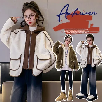 Koreai téli junior lány plusz bársonykabát elemi lány kontrasztos kapucnis bárány gyapjú kabát gyermek lány cipzáras melegítőkabát