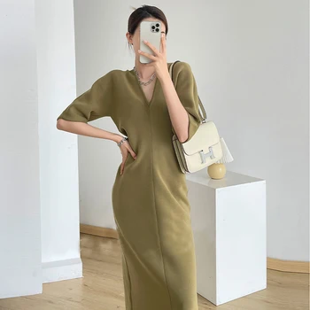 Johnature V-nyakú félujjú koreai ruha 2023 nyár Új egyszínű laza Cascual női ruhák 2 szín