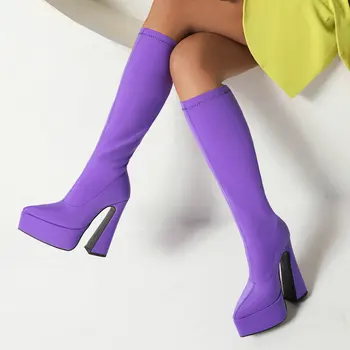 Új western szexi sztriptízsarkú cipő lila rózsaszín kék hegyes orrú zokni Csizma Magas sarkú cipő Platform kifutócipő női sztreccs csizma