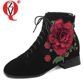 ZVQ Winter New Warm Bokacsizma kívül Warm Kid Velúr szögletes lábujj keresztkötésű cipzáras virágok Női cipő csepp Szállítási méret 34-43