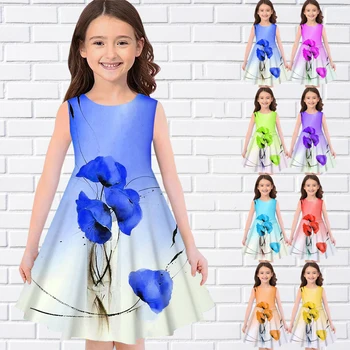 Virágok mintája 3D nyomtatás Nyári lány ruhák Alkalmi ujjatlan ruhák Divat O-nyakú lányok Ruhák Eid gyönyörű lány ruhák
