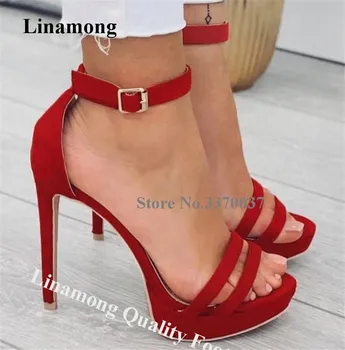 Linamong New Style Platform Stiletto sarok Szandál Vékony pánt Piros velúr Bőr Bokapánt csat Magas sarkú cipő Hivatalos ruha sarok