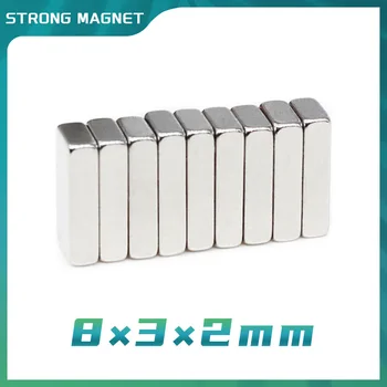 10/20/50/100/200/500/1000DB 8x3x2 erős mágnesek blokkmágnesek N35 neodímium 8mmx3mmx2mm lemez kvadrát ritkaföldfém 8*3*2 mm