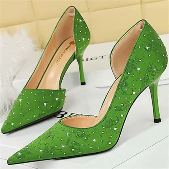 Koreai divat Nők 8cm magas sarkú cipő Pumps selyem Bling kristály sekély hegyes orr oldal üreges hölgyek zöld estélyi party cipő