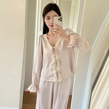 Pizsama női tavaszi nyári jégselyem V-nyakú hosszú ujjú nadrág szett őszi vékony mintás pizsama otthoni hálóruha
