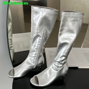 Női pumpák divat sztreccs csizmák ezüstös női cipők Peep Toe magas sarkú cipők 2023 party Új az alkalmi külső női szandál csizmában