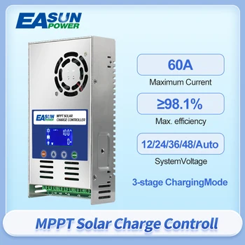 EASUN MPPT 60A napelemes vezérlő 12V 24V 36V 48V akkumulátor túltöltés elleni védelem Max PV bemenet 190Voc LCD kijelző Dropship