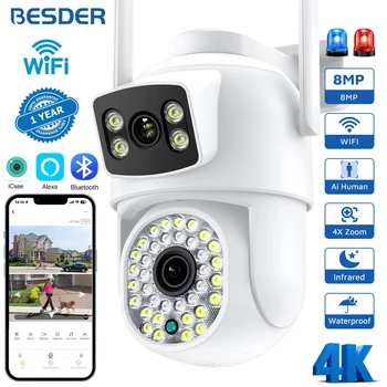 BESDER 4K 8MP IP kamera PTZ kültéri kettős képernyők Emberi észlelés CCTV Wifi megfigyelő kamera 4MP biztonsági védelem iCSee App