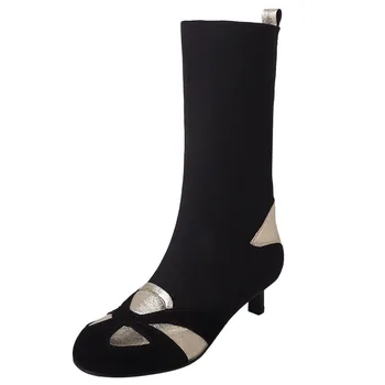 Sexy Elastic Slim Fit Women Fashion középujjú csizma fekete fehér toldott vékony sarokkal Elegáns hosszú ujjú kötött zokni csizma