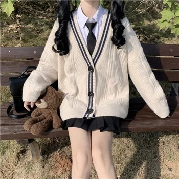 Deeptown Japán stílusú kötött Cardigan Preppy V-nyakú pulóver Nők Koreai divat gomb kötöttáru Túlméretezett őszi haradzsuku