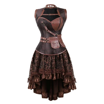 Női steampunk fűzőmellény virágos csipke szoknya szett gótikus vintage műbőr fűző ruha burleszk kalóz jelmez S-6XL