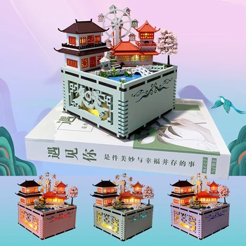DIY zenedoboz óriáskerékkel Fa babaházak Kínai ősi Casa miniatűr építőkészletek Babaház lányoknak Karácsonyi ajándékok