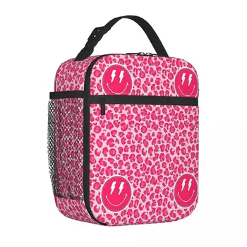 Preppy Aesthetic rózsaszín leopárd mintás mosoly szigetelt uzsonnás táskák Hőzsák ételtároló Nagy kapacitású Tote uzsonnás doboz Ételtáska