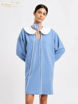 Clacive alkalmi laza kék női ruha 2024 divatbaba gallér hosszú ujjú mini ruhák elegáns klasszikus fűzős női ruha