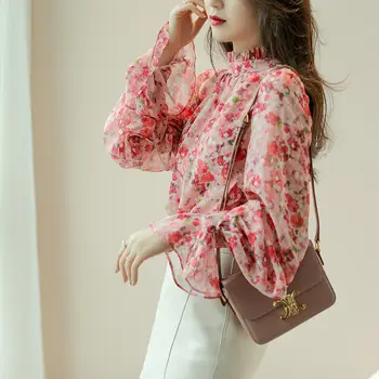 rózsaszín mintás sifon ing női hosszú ujjú 2023 tavasz Új divat koreai laza fodros felső