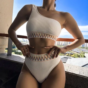 Szexi egy váll magas derekú bikini 2024 texturált fürdőruha női fürdőruhák Brazil bikini kétrészes fürdőruha női ruha