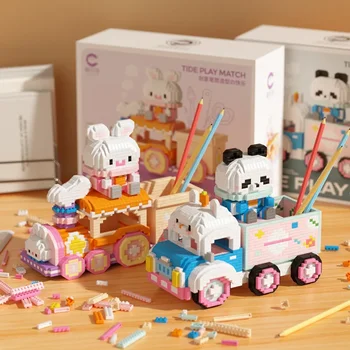 Kawaii panda autó figura Építőelemek összeszerelve rajzfilm nyúl toll tartó Mini mikro kockák modell játékok gyerekeknek karácsonyi ajándék