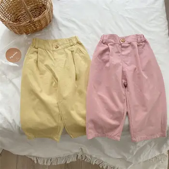 Gyermek édes 2023 tavaszi és autum ruha lányok rózsaszín sárga alkalmi nadrág lányok tiszta pamut nadrág baba középső nadrág