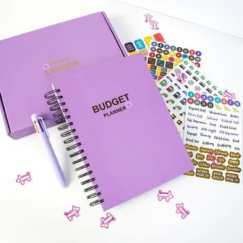 lila Költségvetés-tervező könyvek Pénzügyi kezelés Tervező jegyzetfüzet a termelékenységi célok beállításához