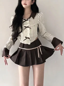 Téli vintage 2 részes szett női masni csíkos elegáns hosszú ujjú ing + mini rakott szoknya női koreai divat Y2k szett 2023